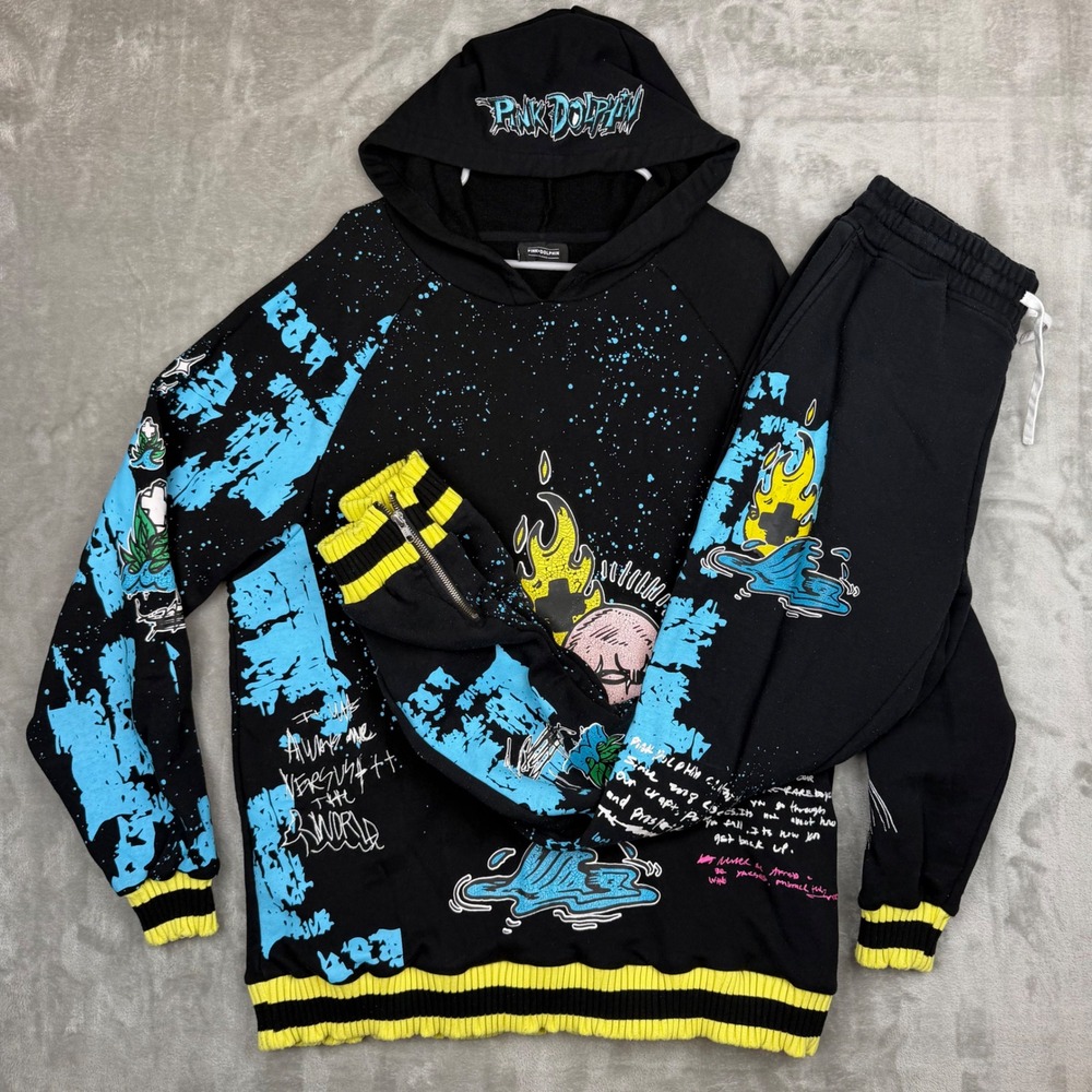 Pink Dolphin Mens Tracksuit Set Black Blue Yellow Graphic Hoodie Joggers XL